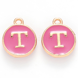 Golden Plated Alloy Enamel Charms, Cadmium Free & Lead Free, Enamelled Sequins, Flat Round with Letter, Camellia, Letter.T, 14x12x2mm, Hole: 1.5mm