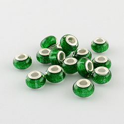Perles européennes en résine de grand trou, avec couleur argent plaqué doubles noyaux de cuivre, rondelle, verte, 14x9mm, Trou: 5mm