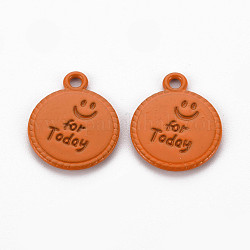 Spray Painted Alloy Pendants, Cadmium Free & Lead Free, Flat Round with Word For Today, Chocolate, 17x14x1.5mm, Hole: 1.8mm