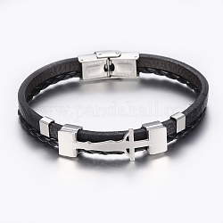 Bracelets en cuir tressé, avec accessoire en 304 acier inoxydable, Rectangle avec crucifix, noir, 8-1/4 pouce (210 mm), 8.5x3~7mm