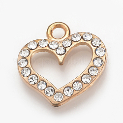Alloy Rhinestone Pendants, Heart, Light Gold, 17x16.5x2mm, Hole: 1.5mm