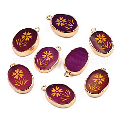 Pendentifs d'agate naturelle, avec bord en laiton plaqué or clair et boucles iorn, poudre d'or, teints et chauffée, ovale avec breloque fleur, violet, 23~24x15~16.5x4~6.5mm, Trou: 1.6mm