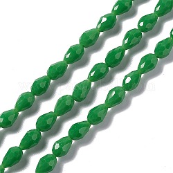 Cuentas de vidrio facetado hebras, lágrima, verde, 12x8~9mm, agujero: 1.2 mm, aproximamente 57 pcs / cadena, 23.74'' (60.3 cm)