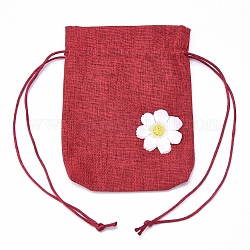 Pochette en toile de jute sachets cadeaux, avec cordon de serrage en polyester et applique fleurie, pour les cadeaux, sacs-cadeaux de faveur du parti, rouge, 10x14.6 cm