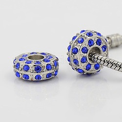 Alloy European Beads, with Grade A Rhinestone Beads, Large Hole Beads, Rondelle, Platinum Metal Color, Sapphire, 14x7mm, Hole: 5mm