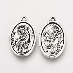 Tibetan Style Alloy Pendants, ST. FRANCIS OF ASSISI MEDAL, Oval, Cadmium Free & Lead Free, Antique Silver, 25x15.5x2.5mm, Hole: 1.5mm