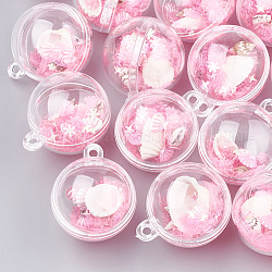 Kunststoffkugelanhänger, mit Muschel und Pailletten, Runde, neon rosa , 36x30x30 mm, Bohrung: 3 mm