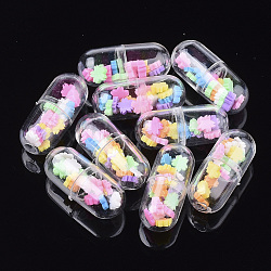 Récipient à capsule en plastique transparent ouvrable, avec des cabochons en pâte polymère faits main à l'intérieur, pilule avec fleur, colorées, 24x10.5mm