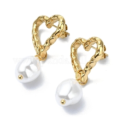 Placcatura ionica (ip) 304 orecchini pendenti a forma di cuore in acciaio inossidabile, orecchini pendenti con perle di plastica, oro, 37.5x20mm