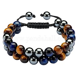 Bracelet en perles tressées en oeil de tigre naturel et hématite synthétique, Bracelet réglable en pierres précieuses double couche pour femme, diamètre intérieur: 2-1/8~3-1/2 pouce (5.4~8.9 cm)