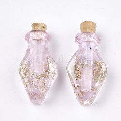 Lumineux à la main pendentifs en verre de sable d'or, avec bouchon en bois, bouteille de parfum, rose, 31.5~32x17.5~18x9~9.5mm, Trou: 4.5mm, Capacité de la bouteille: 0.5 ml (0.017 oz liq.)