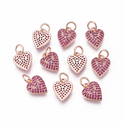 Ottone micro spianare fascino zirconi, cuore, magenta, oro roso, 11.5x9x2mm, Foro: 3~3.5 mm