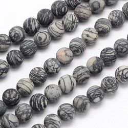 Frosted Round Natural Black Polychrome Jasper/Picasso Stone/Picasso Jasper Beads Strands, 6mm, Hole: 1mm, about 62pcs/strand, 15.3 inch