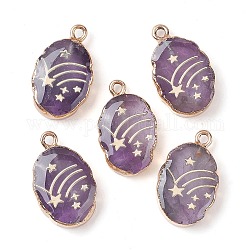Natural Amethyst Oval Pendants, Golden Plated Brass Oval Charms with Star, 22~22.5x13~13.5x4.5mm, Hole: 1.6~1.8mm
