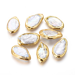 Natur kultivierten Süßwasser Perlen, mit Messing-Zubehör, Nuggets, weiß, golden, 24.5~28.5x14.5~18.5x4.5~6 mm, Bohrung: 0.7 mm