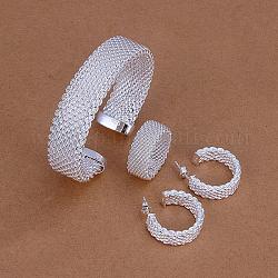 Messing versilbert Brautpartei Schmuck-Sets, Ohrringe, Ringe und Mesh-Stulpearmbänder, 23x6 mm, Größe 8 (18 mm), 65 mm