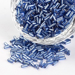 Silver Lined Round Hole Glass Bugle Beads, Cornflower Blue, 3~5x1.8~2mm, Hole: 0.8mm, about 12000pcs/450g