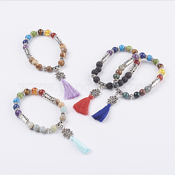 Gioielli chakra, bracciali fascino gemma naturali e sintetici, con nappa in filo di cotone e maglie di loto in lega stile tibetano, 2-1/8 pollice (53 mm)