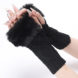 ポリアクリロニトリル繊維糸編み指なし手袋  親指穴付きふわふわ冬用暖かい手袋  ブラック  200~260x125mm