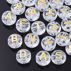 Plating Transparent Acrylic Beads, with Glitter Powder, Metal Enlaced, Horizontal Hole, Flat Round with Letter, Light Khaki, 10x6mm, Hole: 1.8mm, about 1580pcs/500g