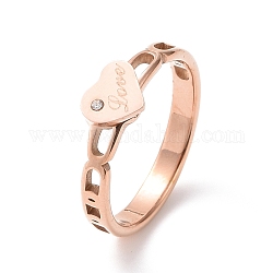 Corazón de rhinestone de cristal con anillo de dedo de palabra amor, chapado en iones (ip) 304 joyería de acero inoxidable para mujer, oro rosa, nosotros tamaño 7 (17.3 mm)