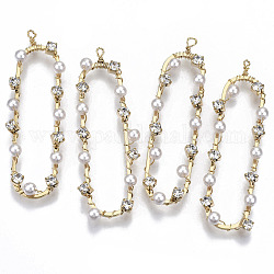 Micro ottone spianare zirconi grandi ciondoli, con perle di plastica imitazione perla in abs, nichel libero, ovale, vero placcato oro 18k, bianco crema, 55x17x5mm, Foro: 2 mm