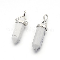 Natural Howlite Bullet Double Terminated Pointed Pendants, with Platinum Plated Alloy Findings, 38~41x13x10mm, Hole: 5x3mm