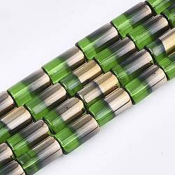 Half Electroplate Glass Beads Strands, Column, Green, 19.5~20x10mm, Hole: 1.4mm, about 15~17pcs/strand, 13.39 inch(34cm)