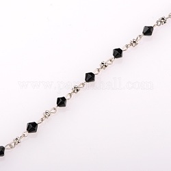 Chaînes de perles de verre bicone manuelles pour fabrication de bracelets et colliers, avec des perles de style tibétain et une épingle à oeil en fer argenté antique, non soudée, noir, 39.3 pouce