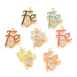 Brass Micro Pave Clear Cubic Zirconia Pendants, Long-Lasting Plated, with Jump Rings & Enamel, Real 18K Gold Plated, Word Fe with Heart, Mixed Color, 26.5x20x3mm, Hole: 3mm
