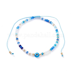 Verstellbare Nylonschnur geflochtenen Perlen Armbänder, mit bösen Blick Glasperlen, fgb Glas Saatperlen und Milchglasperlen, Verdeck blau, Innendurchmesser: 2-1/8~4-1/8 Zoll (5.3~10.3 cm)