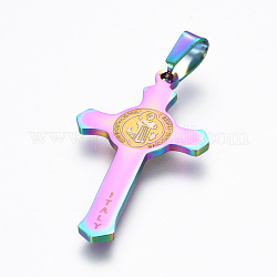 Placage ionique (ip) 304 pendentifs en acier inoxydable, religion, croix avec Saint Benoit, couleur arc en ciel, 37.8x21x1.3mm, Trou: 3.7x7.7mm