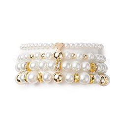 Bracelets extensibles en perles d'imitation de verre, coeur en laiton et bijoux en perles d'hématite synthétiques pour femmes, blanc, diamètre intérieur: 2~2-1/8 pouce (5.2~5.5 cm), 4 pièces / kit