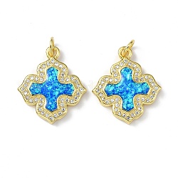 Brass Micro Pave Cubic Zirconia Pendants, with Synthetic Opal and Jump Ring, Cross, Real 18K Gold Plated, 20.5x18x3.5mm, Hole: 3.5mm