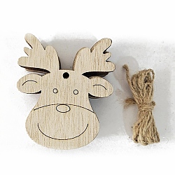 Decorazioni pendenti in legno grezzo, con corda di canapa, per addobbi natalizi, cervo, 7.5x6.3cm, 10pcs/scatola