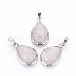 Pendentifs de quartz rose naturel, avec les accessoires en laiton, larme, platine, 26x16~17x8~10mm, Trou: 8x5mm