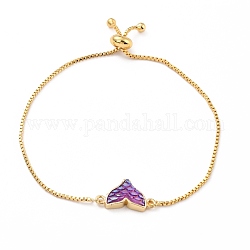 Mermaid Fishtail Resin Link Slider Bracelet, Dainty Animal Brass Bracelet for Girl Women, Golden, Medium Slate Blue, Link: 28x18.5x4mm, Inner Diameter: 1/2~~2-7/8 (1.2~7.2cm)