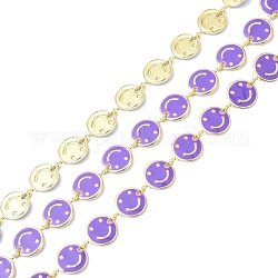 Brass & Enamel Link Chain, with Spool, Long-Lasting Plated, Flat Round with Smiling Face, Unwelded, Mauve, 8x1mm, about 10.93 yards(10m)/roll