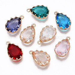 Glass Pendants, with Light Gold Brass Findings, Long-Lasting Plated, Faceted, Teardrop, Mixed Color, 17.5x10x6mm, Hole: 1.4mm