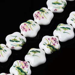 Handmade Porcelain Ceramic Beads Strands, Flower Printed, Flower, Old Rose, 14x15x6mm, Hole: 1.8mm, about 23pcs/strand, 12.4 inches(31.5cm)