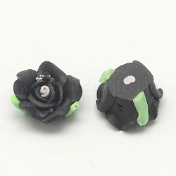 Handmade Polymer Clay 3D Flower with Leaf Beads, Black, 12x10mm, Hole: 2mm