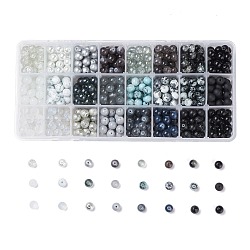 Perles en verre de style mixte, ronde, 24 couleurs, dégradé de couleur, grises , 8~8.5mm, Trou: 1.3~1.6mm, environ 27~30pcs / compartiment, 648~720 pcs / boîte