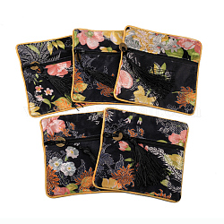 En tissu carré rétro pochettes, avec pompon et motif fleuri, noir, 11.5x11.5 cm