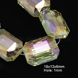 Electroplated Glass Beads, Champagne Yellow Plated, Faceted Rectangle, Clear, about 18mm long, 13mm wide, 6mm thick, hole: 1mm
