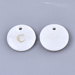 Charms in madreperla conchiglia bianca naturale, con adesivo in ferro, piatta e rotonda con la lettera, letter.c, 13x2mm, Foro: 1.5 mm