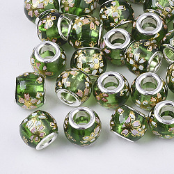 Cuentas europeas de vidrio transparente impreso, Abalorios de grande agujero, con núcleos de doble platino tono de bronce, Rondelle con patrón de sakura, verde, 12x9.5mm, agujero: 5 mm