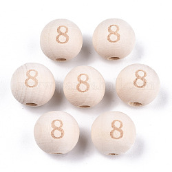 Perle europee di legno naturale non finito, perline con foro grande, motivo inciso al laser, rotondo con il numero, num. 8, 15~16x14~15mm, Foro: 4 mm