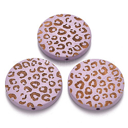 Painted Natural Wood Beads, Laser Engraved Pattern, Flat Round with Leopard Print, Plum, 30x5mm, Hole: 1.6mm
