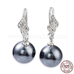 Cubic Zirconia Leaf with Shell Pearl Dangle Earrings, Rhodium Plated 925 Sterling Silver Jewelry for Women, Platinum, 32x12mm
