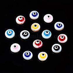 Natural Freshwater Shell Beads, with Enamel, Flat Round with Evil Eye, Mixed Color, 6x3~4mm, Hole: 0.8mm